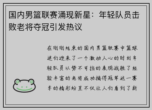 国内男篮联赛涌现新星：年轻队员击败老将夺冠引发热议