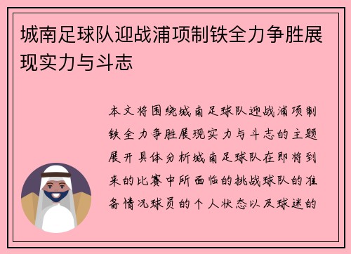 城南足球队迎战浦项制铁全力争胜展现实力与斗志