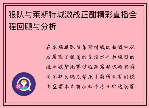 狼队与莱斯特城激战正酣精彩直播全程回顾与分析