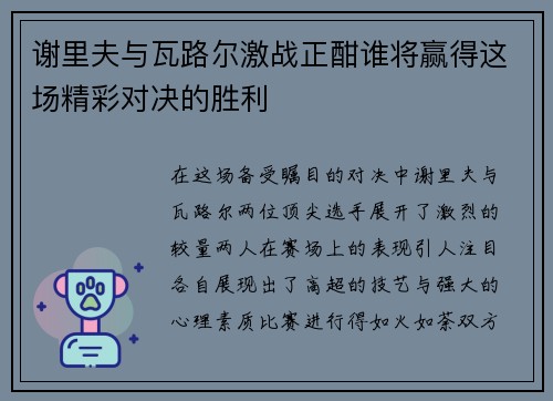谢里夫与瓦路尔激战正酣谁将赢得这场精彩对决的胜利