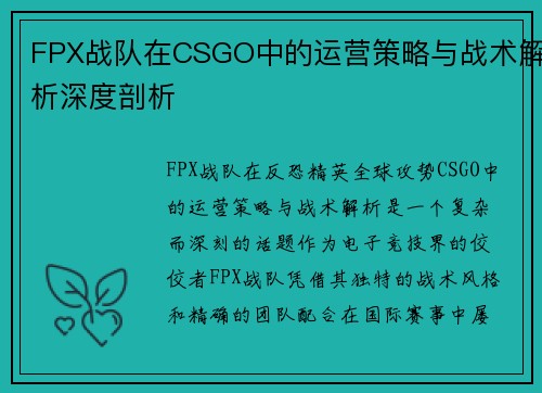 FPX战队在CSGO中的运营策略与战术解析深度剖析
